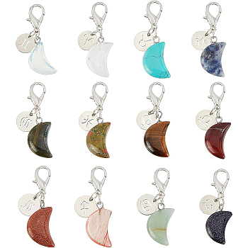 12Pcs Moon Gemstone Pendants Decoration, with 12 Constellations Pattern 304 Stainless Steel Charms, Zinc Alloy Lobster Claw Clasps, 40mm