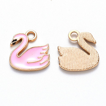 Alloy Enamel Charms, Swan, Light Gold, Pearl Pink, 14x14x2mm, Hole: 1.8mm