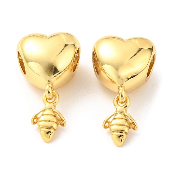 Brass European Beads, Large Hole Beads, Lead Free & Cadmium Free, Heart with Bee, Real 18K Gold Plated, 19.5mm, Hole: 4X3.8mm