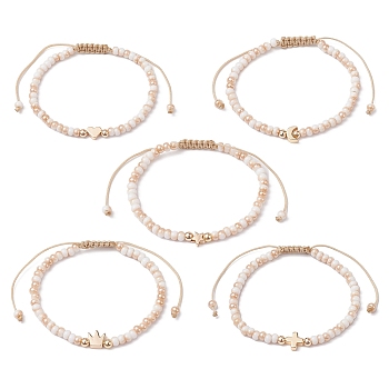 Glass & Brass Beads Braided Bead Bracelets, Adjustable Nylon Thread Bracelets for Women, Star/Moon/Cross/ Crown/Heart, Navajo White, Inner Diameter: 1-3/4~3-1/4 inch(4.6~8.1cm)