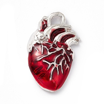 Alloy Enamel Pendants, Silver, Heart Charm, Red, 25x16x4mm, Hole: 2.5mm