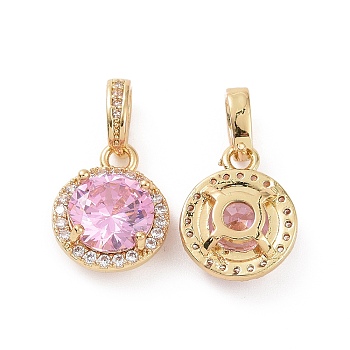 Real 18K Gold Plated Brass Micro Pave Clear Cubic Zirconia Pendants, Flat Round Charms, Pink, 13x11x5mm, Hole: 3x2.5mm