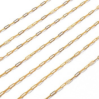 Brass Paperclip Chains, Drawn Elongated Cable Chains, Soldered, with Spool, Long-Lasting Plated, Golden, 7.5x3x0.5mm, about 32.81 Feet(10m)/roll