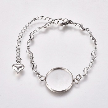 304 Stainless Steel Bracelet Making, with Lobster Claw Clasps, Link Chains and Flat Round Cabochon Settings, Stainless Steel Color, Tray: 16mm, 5-3/4 inch(14.5cm)