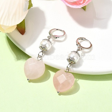 Boucles d'oreilles à levier en forme de cœur en quartz rose naturel avec perles de coquillage(EJEW-TA00331)-2
