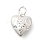 Fine Silver Heart with Flower Pattern Charms, with Jump Rings, Matte Silver Color, 14.5x12.5x6mm, Hole: 4.5mm(STER-A048-21MS)