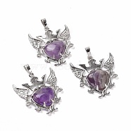 Natural Amethyst Pendants, Eagle with Heart Charms, with Rack Plating Platinum Tone Brass Findings, 36.5x33.3x6~7mm, Hole: 8x5mm(G-P496-04P-14)