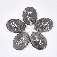 Natural Marble Pendants, Inspirational Message Pendants, with Iron Findings, Oval with Word Hope, Platinum, 43~44x29~30x5~6mm, Hole: 2mm(G-S344-90B)
