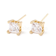 Clear Cubic Zirconia Square Stud Earrings, Brass Jewelry for Women, Lead Free & Cadmium Free, Real 18K Gold Plated, 7x7mm, Pin: 0.8mm(EJEW-F282-45G)