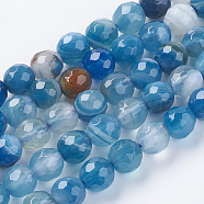 Natural Stripe Agate Beads Strands, Faceted, Dyed, Round, Marine Blue, 6mm, Hole: 1mm, about 62pcs/strand, 15 inch(X-G-G581-6mm-05)