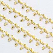 Brass Glass Handmade Beaded Chains, Soldered, with Spool, Cadmium Free & Nickel Free & Lead Free, Golden, White, 5.5x2mm, about 82.02 Feet(25m)/roll(CHC-I006-01G-NF)