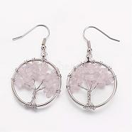 Dangle Earrings, with Natural Rose Quartz Beads and Brass Hooks, Ring with Tree of Life, 50mm, Pin: 0.6mm(EJEW-N0030-05)