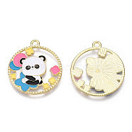 Alloy Enamel Pendants, Flat Round with Panda Charm, Real 14K Golden Plated, Colorful, 28x25x1.5mm, Hole: 1.8mm(ENAM-D047-01G-03)