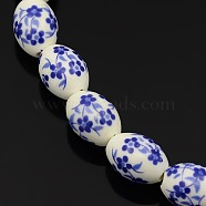 Handmade Flower Printed Porcelain Oval Beads Strands, Royal Blue, 16x11mm, Hole: 3mm, about 23pcs/strand, 14 inch(PORC-L005-B-23)