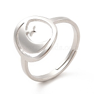 201 Stainless Steel Moon & Star Adjustable Ring for Women, Stainless Steel Color, US Size 6 1/2(16.9mm)(RJEW-F131-07P)