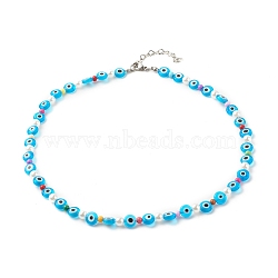Beaded Necklaces, with Lampwork & Acrylic & ABS Plastic Beads, 304 Stainless Steel & Brass Findings, Eye, Deep Sky Blue, 45.3cm(NJEW-JN03808)