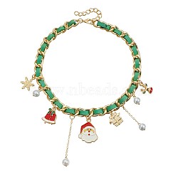 Christmas Alloy Enamel Santa Claus Christmas Bell Gift Box Pendant PU Leather Cord Bib Necklaces for Women, Golden, Green, 14.57 inch(37cm), Pendant: 50mm long, 25mm wide(FS-WG9C2A3-03)