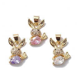 Rack Plating Brass Cubic Zirconia Charms, Long-Lasting Plated, Cadmium Free & Lead Free, Real 18K Gold Plated, Rabbit with Carrot Charm, Mixed Color, 18x13x4mm, Hole: 3x5mm(KK-E003-36G)