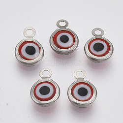 Handmade Lampwork Charms, with 304 Stainless Steel Findings, Flat Round with Evil Eye, Red, 9.5x6.5x2.5mm, Hole: 1.5mm(STAS-T041-01-03)