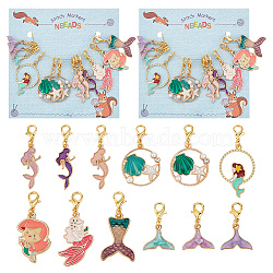 Mermaid Theme Pendant Crochet Lobster Clasp Charms, Plastic Imitation Pearl & Alloy Enamel Locking Stitch Marker with Wine Glass Charm Ring, Mixed Shapes, Mixed Color, 2.6~4.5cm, 12pcs/set(HJEW-AB00402)