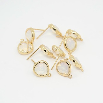 Real 18K Gold Plated Tone Brass Glass Stud Earring Findings, with Loop, Faceted Triangle, WhiteSmoke, 13x11x4.5mm, Hole: 1mm, Pin: 0.6mm