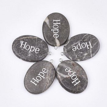 Natural Marble Pendants, Inspirational Message Pendants, with Iron Findings, Oval with Word Hope, Platinum, 43~44x29~30x5~6mm, Hole: 2mm