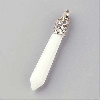 Natural White Jade Big Pendants, with Alloy Findings, Platinum, 60~70x11x11mm, Hole: 4mm