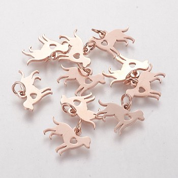 304 Stainless Steel Puppy Pendants, Silhouette Charms, Dog with Heart, Rose Gold, 11x15x1mm, Hole: 3mm