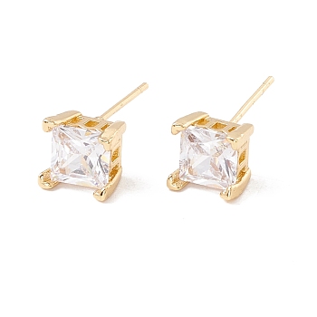 Clear Cubic Zirconia Square Stud Earrings, Brass Jewelry for Women, Lead Free & Cadmium Free, Real 18K Gold Plated, 7x7mm, Pin: 0.8mm