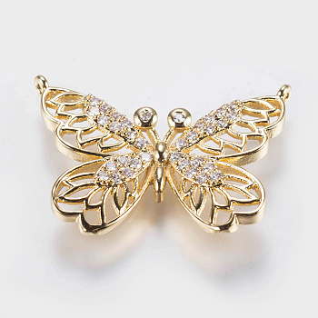 Brass Micro Pave Cubic Zirconia Pendants, Butterfly, Golden, 19x26x2.5mm, Hole: 0.6mm