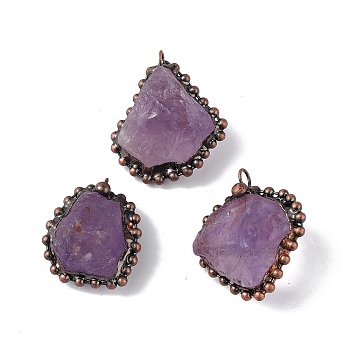 Natural Amethyst Pendants, Nuggets Charms with Red Copper Plated Brass Chains, Lead Free & Cadmium Free, 31~42x23~35x12~23mm, Hole: 4mm