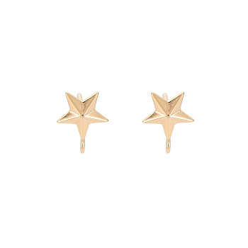 Brass Stud Earring Findings, Nickel Free, Pentagram, Real 18K Gold Plated, 9x7mm, Hole: 1mm, Pin: 0.6mm