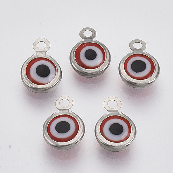 Handmade Lampwork Charms, with 304 Stainless Steel Findings, Flat Round with Evil Eye, Red, 9.5x6.5x2.5mm, Hole: 1.5mm