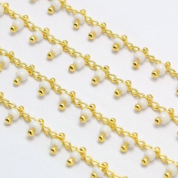 Brass Glass Handmade Beaded Chains, Soldered, with Spool, Cadmium Free & Nickel Free & Lead Free, Golden, White, 5.5x2mm, about 82.02 Feet(25m)/roll