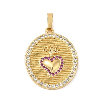 Rack Plating Brass Micro Pave Clear Cubic Zirconia Pendants, Long-Lasting Plated, Lead Free & Cadmium Free, Oval with Heart Charms, Real 18K Gold Plated, 25.7x20.5x2.8mm, Hole: 6x3.2mm