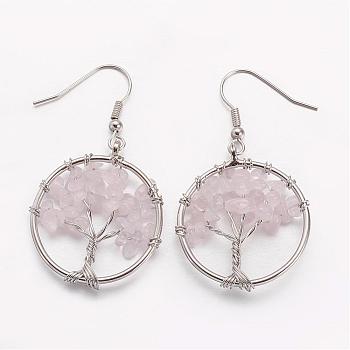 Dangle Earrings, with Natural Rose Quartz Beads and Brass Hooks, Ring with Tree of Life, 50mm, Pin: 0.6mm