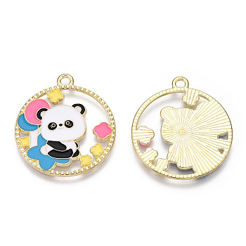 Alloy Enamel Pendants, Flat Round with Panda Charm, Real 14K Golden Plated, Colorful, 28x25x1.5mm, Hole: 1.8mm