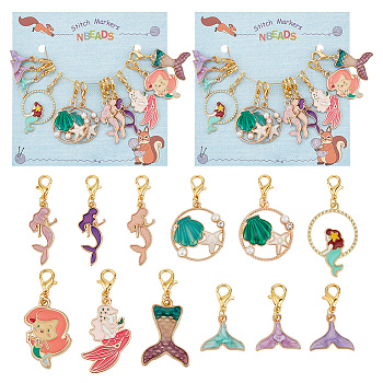 Mermaid Theme Pendant Crochet Lobster Clasp Charms, Plastic Imitation Pearl & Alloy Enamel Locking Stitch Marker with Wine Glass Charm Ring, Mixed Shapes, Mixed Color, 2.6~4.5cm, 12pcs/set