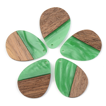 Opaque Resin & Walnut Wood Pendants, Teardrop, Green, 35.5x26x3mm, Hole: 2mm