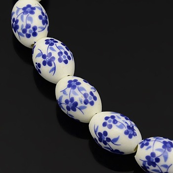 Handmade Flower Printed Porcelain Oval Beads Strands, Royal Blue, 16x11mm, Hole: 3mm, about 23pcs/strand, 14 inch