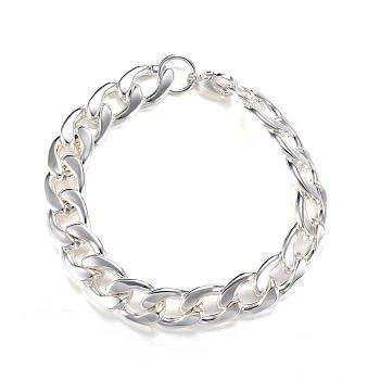 304 Stainless Steel Curb Chain Bracelets, with Lobster Claw Clasps, Silver Color Plated, 8-1/4 inch(210mm), 12mm
