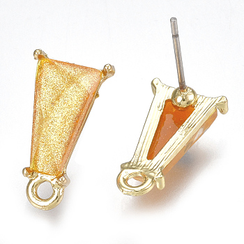 Alloy Stud Earring Findings, with Resin and Steel Pins, Trapezoid, Light Gold, Orange, 16x9mm, Hole: 1.6mm, Pin: 0.7mm