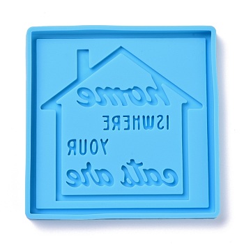 DIY Pendant Silicone Molds, Resin Casting Molds, For UV Resin, Epoxy Resin Jewelry Making, Square with House Pattern & Word, Deep Sky Blue, 85x85x7mm, Inner Diameter: 81x81mm