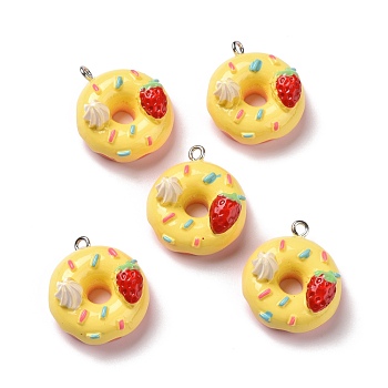 Opaque Resin Pendants, with Platinum Tone Iron Loops, Donut, Yellow, 25x22x13.5mm, Hole: 2mm