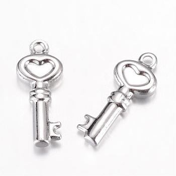 201 Stainless Steel Pendants, Key, Stainless Steel Color, 18.5x7.5x3mm, Hole: 1mm