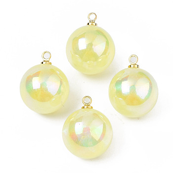 ABS Plastic Imitation Pearl Pendants, with Brass Findings, AB Color Plated, Round, Yellow, 15x12mm, Hole: 1.5mm
