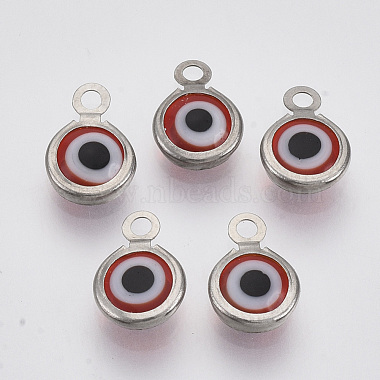 Stainless Steel Color Red Flat Round Lampwork Charms
