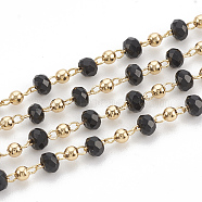 Handmade Brass Beaded Chains, Soldered, with Spool, with Faceted Glass Beads, Nickel Free, Real 18K Gold Plated, Black, 3x2mm, about 25m /Roll(CHC-N015-04A)