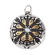 Ion Plating(IP) Tibetan Style 304 Stainless SteelManual Polishing Big Pendants, with Cat Eye & Jump Rings, Flat Round with Runes Charms, Antique Silver & Golden, 41x37x6mm, Hole: 7mm(STAS-G276-06G)