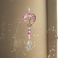 Natural Amethyst Chip Wrapped Heart with Tree of Life Hanging Ornaments, Glass Teardrop Tassel Suncatchers for Home Outdoor Decoration, 180mm(PW-WG90532-02)